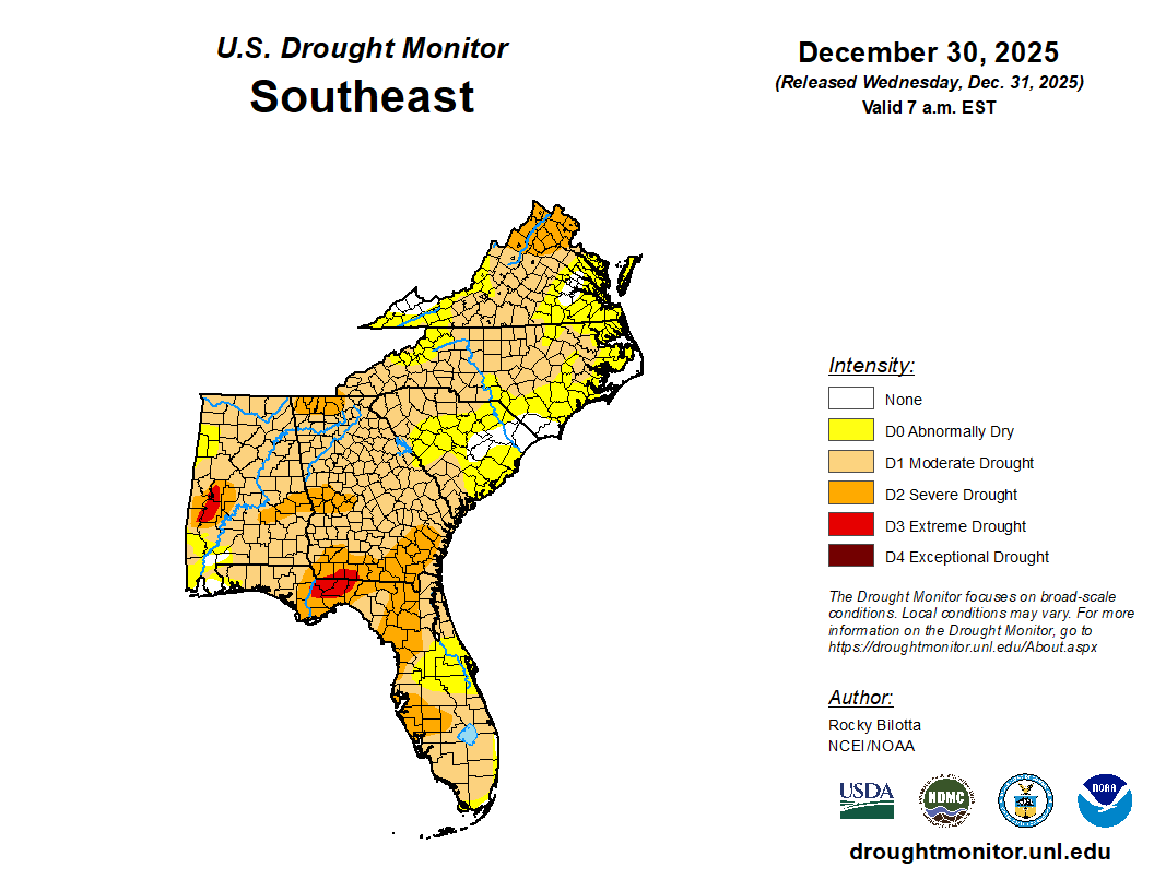 Featured image for “Drought Monitor Update: Dry Areas Remain Prevalent Across Southeast”