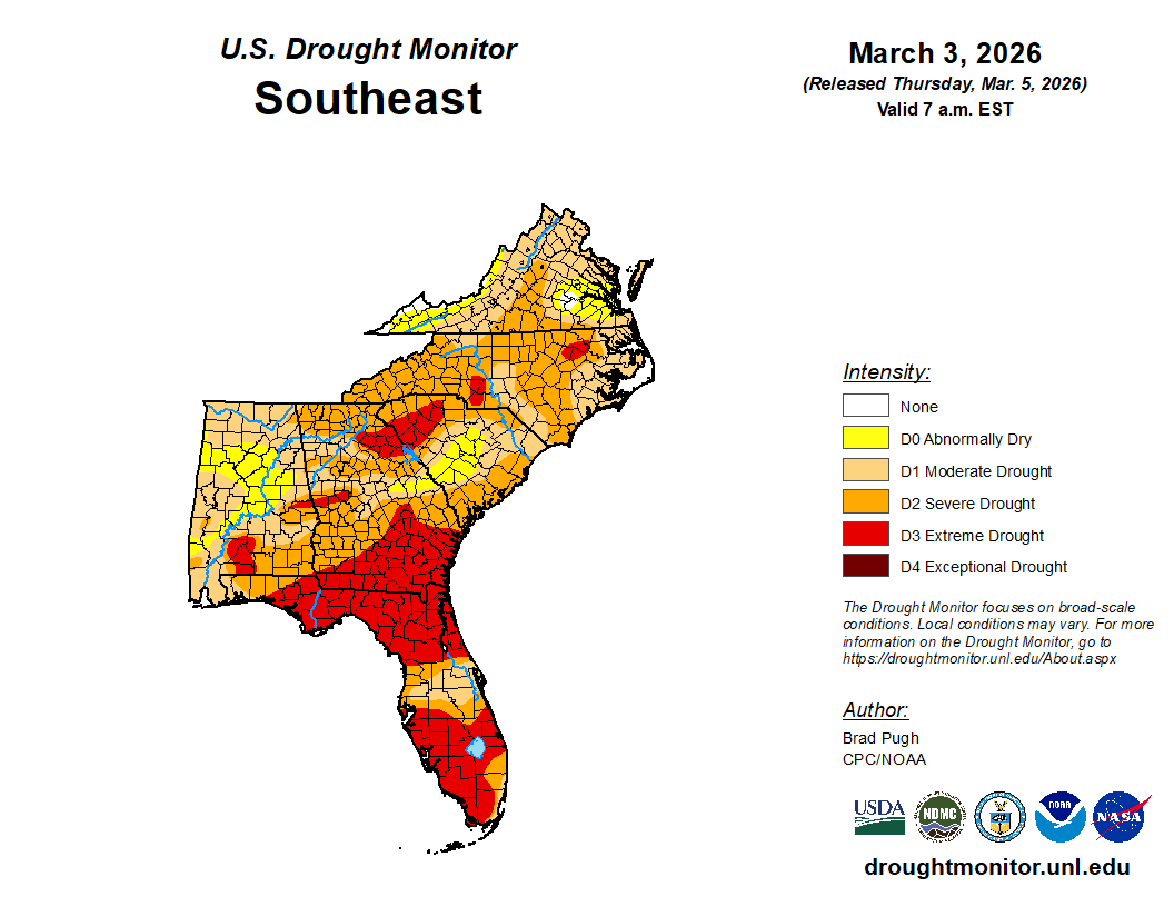 Featured image for “Drought Monitor Update: Extreme Conditions Observed in Most of Florida, All of South Georgia”