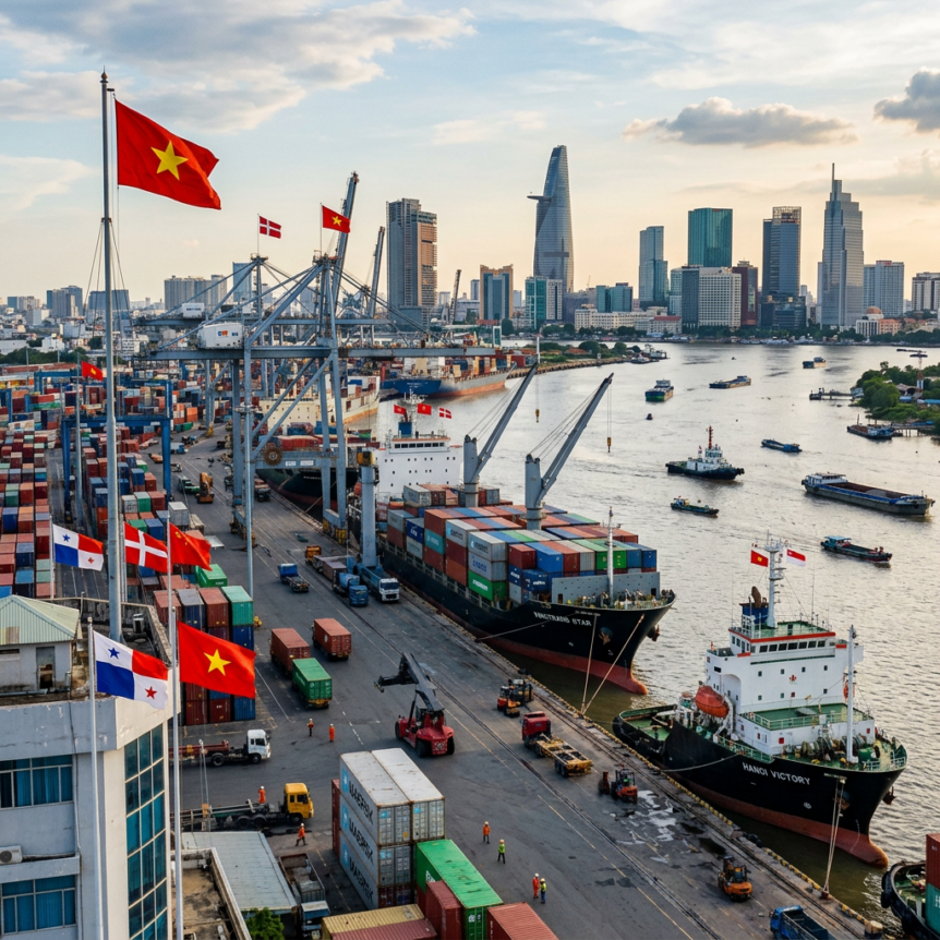Cargo ships docked at Saigon port with containers and city skyline