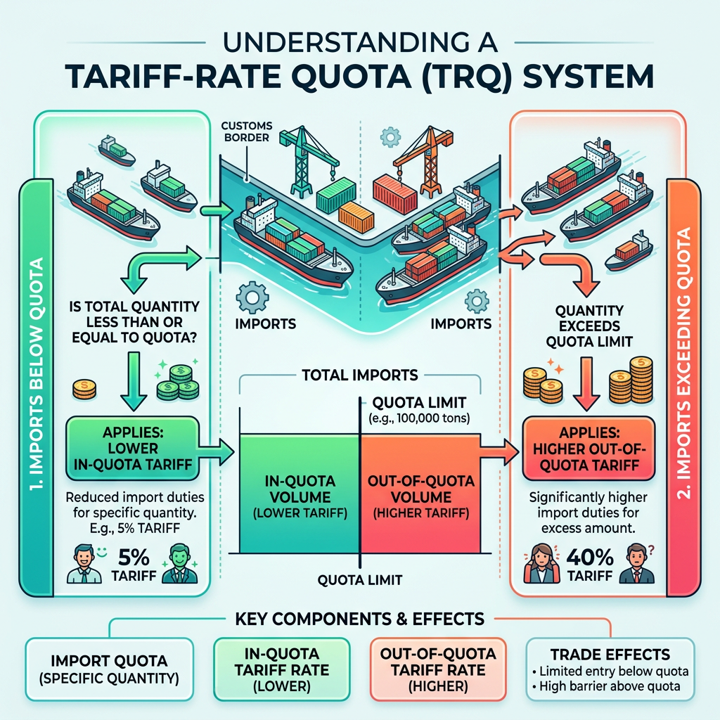 Diagram showing tariff-rate quota system with imports below and above quota limits and corresponding tariffs