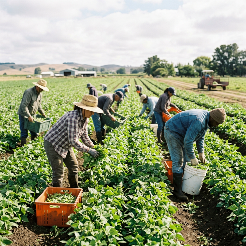 Farm workers harvesting green crops in rows of a vegetable field