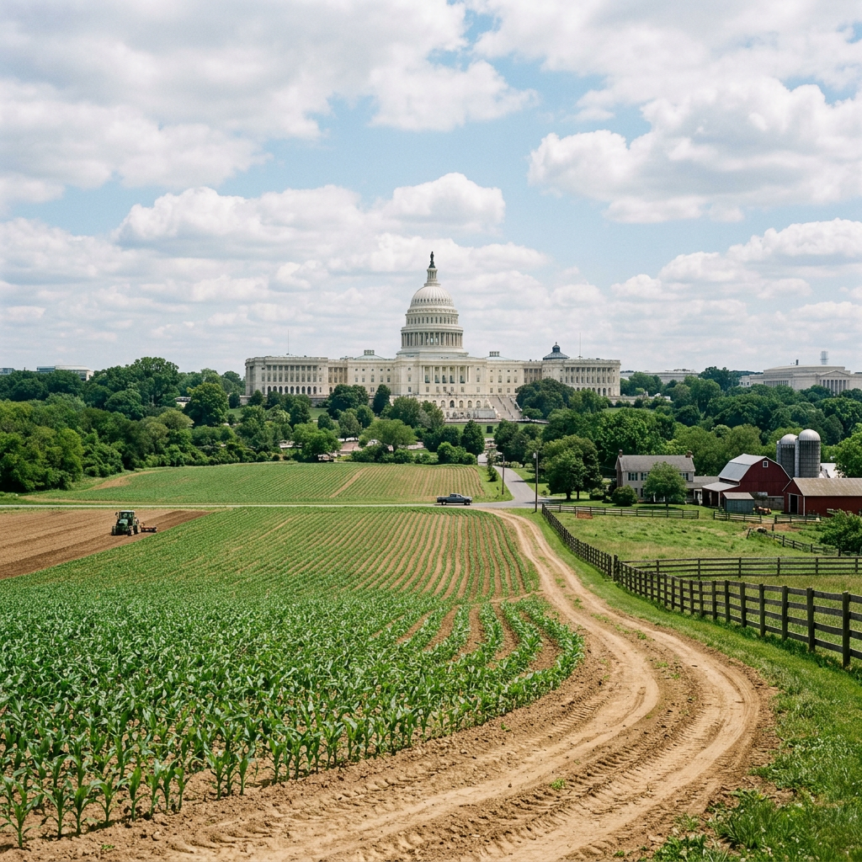 US Capitol building with farm fields, dirt road, tractor, and farmhouse in foreground